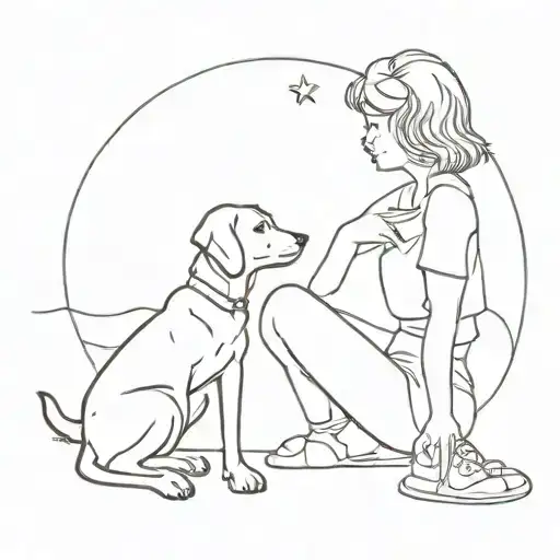 Outline Tattoo Of A Girl Sitting Next To A Dog Looking At The Sky From Behind