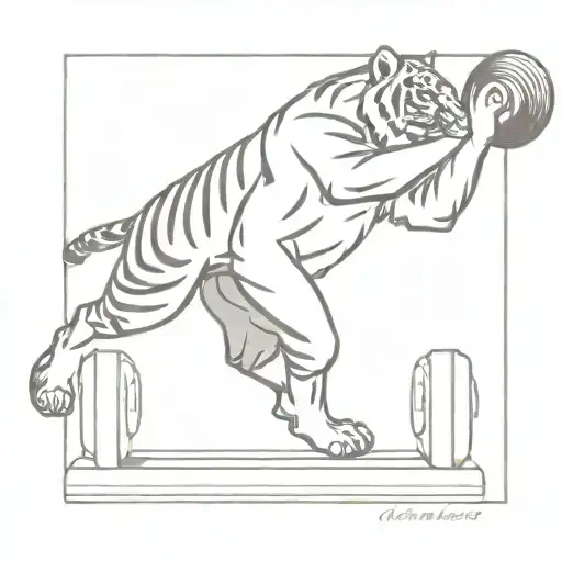 A Minimalist Tattoo Design Of A Tiger Lifting Weights In A Gym