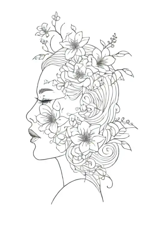 Line Art With Flowers Growing Out The Top Of The Head