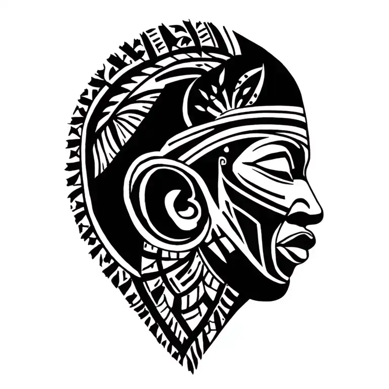 Right Profile African Male Tribal Ritual Mask Surrounded Stylus African Patterns