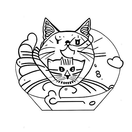 A Black-grey Tattoo Of A Sleeping Cat Surrounded By Art Supplies And A Plate Of Food