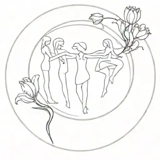 Seven Girls Dance In A Circle Holding Hands Around A Tulip