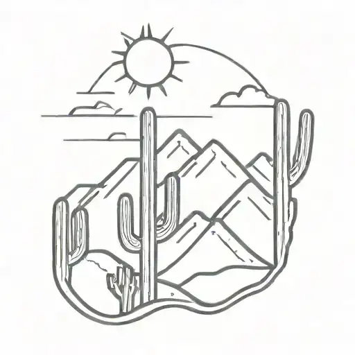 Saguaro Cactus With Mountain Peak And Sun
