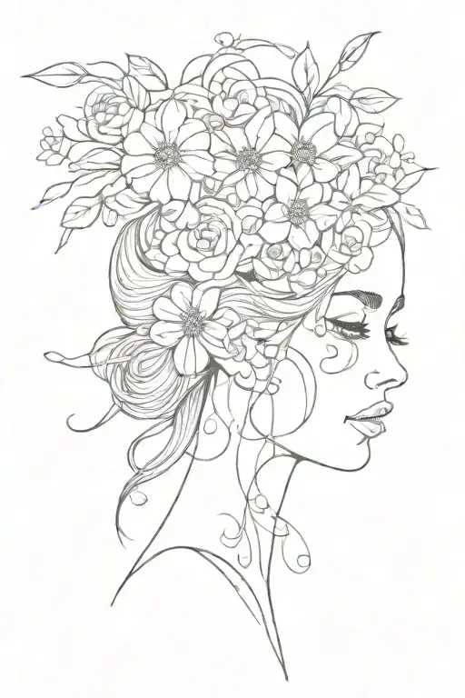 Sad Line Girl With Flowers Growing Out Head