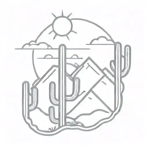 Saguaro Cactus With Mountain Peak And Sun