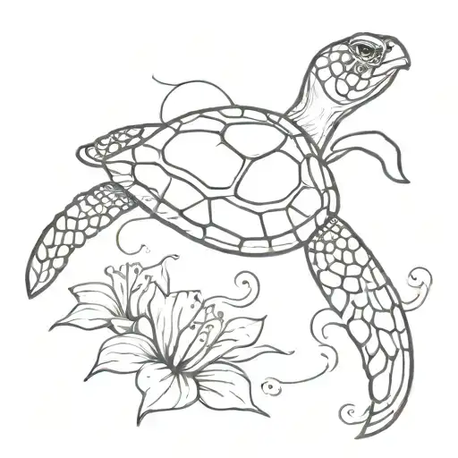 Side View Of Sea Turtle Swimming With Hibiscus Around It