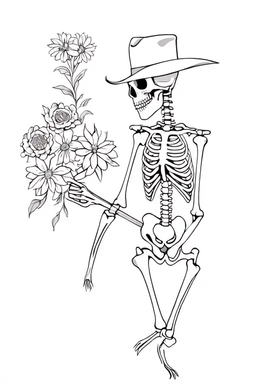 Skeleton Cowboy Holding Flowers Intertwined