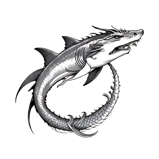 Megaladon Swimming And Dragon Flying Fine Line