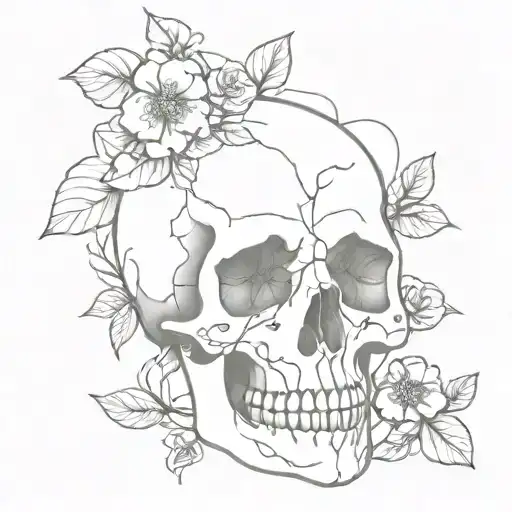 Skull With Vines And Defined Flowers Around It Outline