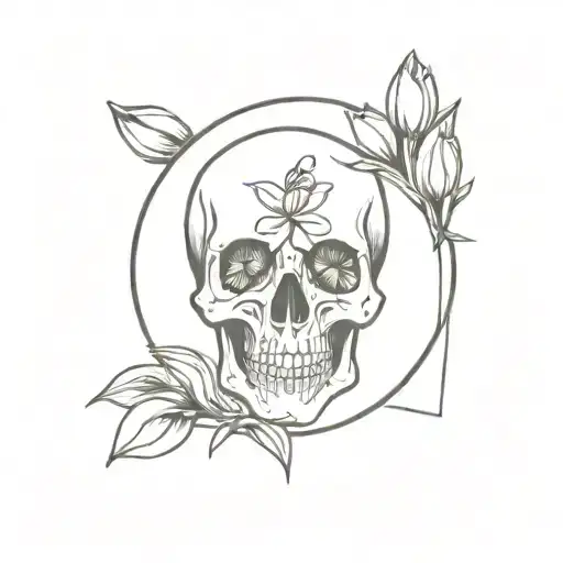 A Punk Rock Inspired Tattoo Design Incorporating A Skull Surrounded By A Garden Of Tulips