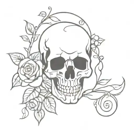 Skull With Flowers And Vines Around It Outline