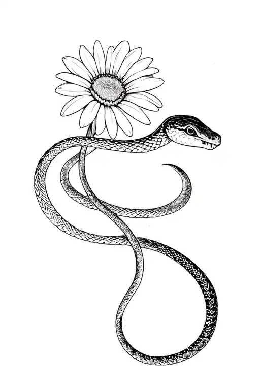 Snake Slithering Through Daisy's Black And White Simle Low Detail
