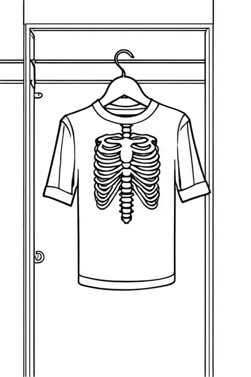 Skeleton Wearing Shirt Hanging By Hanger In Closet