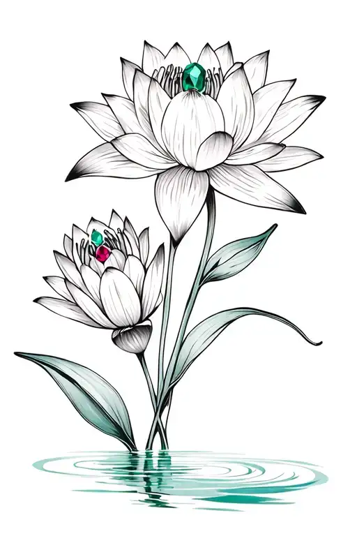 Water Lily And Lily Flowers With Stems And Ruby And Emerald Gemstones