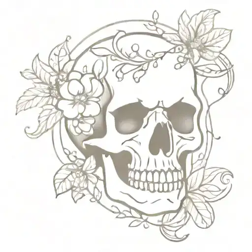 Skull With Flowers And Vines Around It Outline