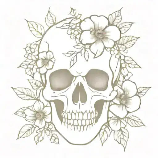 Defined Skull With Pretty Flowers And Leaves And Vines Around It Outline