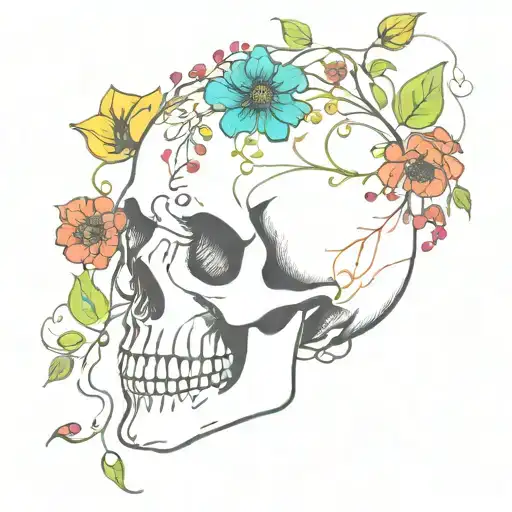 Defined Skull With Vines And Colourful Flowers Around It Outline