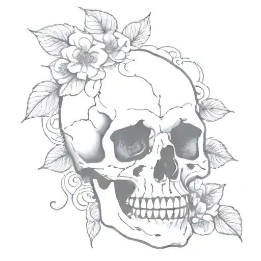 Skull With Vines And Defined Flowers Around It Outline