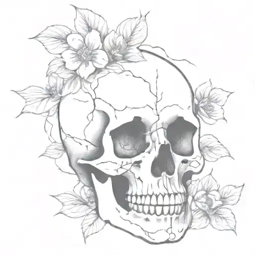Skull With Vines And Defined Flowers Around It Outline