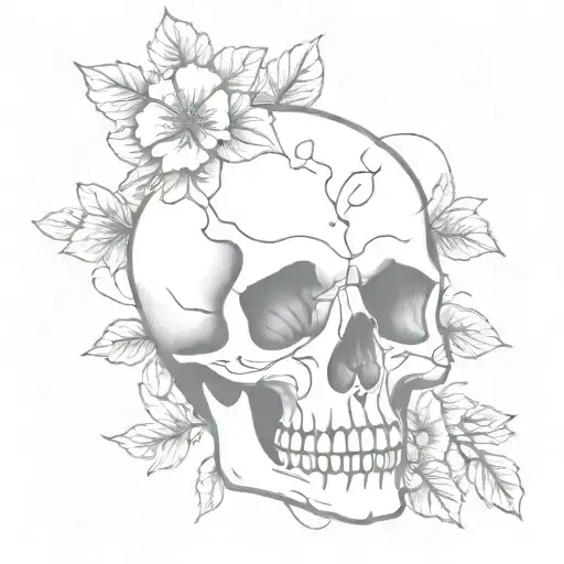 Skull With Vines And Defined Flowers Around It Outline