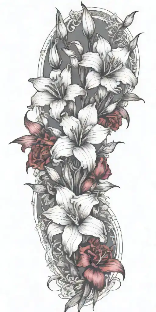 Gladiolous Flowers Grouped With Red Roses