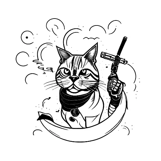 A Fine Line Tattoo Of A Fighter Cat With A Gun In His Hand Looking Madly