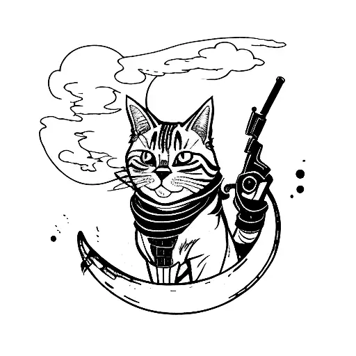 A Fine Line Tattoo Of A Fighter Cat With A Gun In His Hand Looking Madly