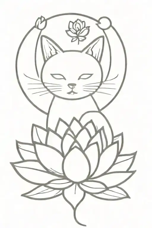 Cat And Lotus Flowers