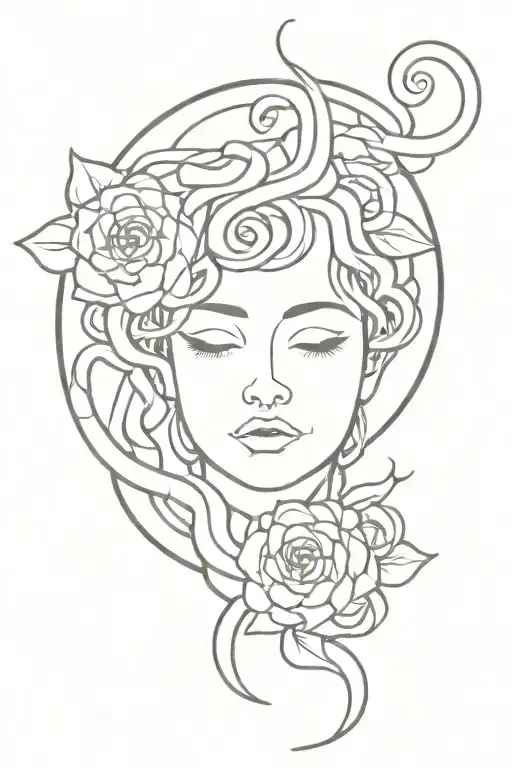 Medusa Head With Snakes And Blooming Flowers