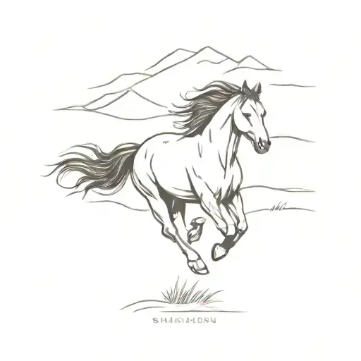 Wild Stallion Running Through A Field With A River And Mountains In The Background