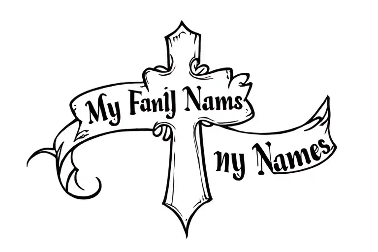 A Less Detailed Cross With A Scroll Wrapped Around It That Says My Family Names