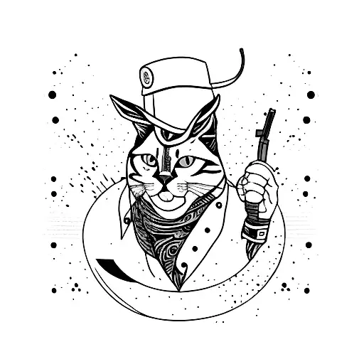 A Fine Line Tattoo Of A Fighter Cat With A Gun In His Hand Looking Madly