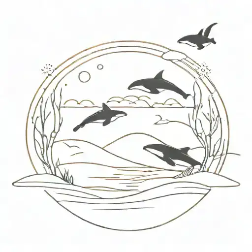 A Minimalist Abstract Tattoo Of An Orca Swimming In A Desert Landscape And Wolf Standing On The Dune
