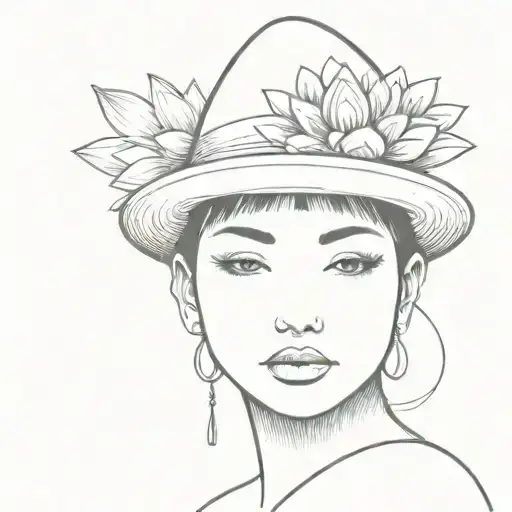 Girl Wearing Conical Hat And Lotus Flower