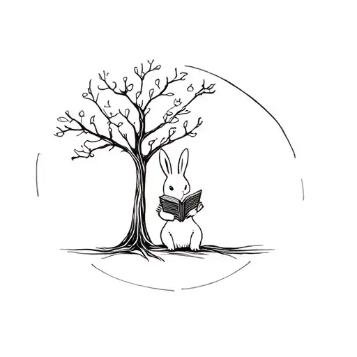 A Minimalist Tattoo Of A Bunny Reading A Book Under A Tree