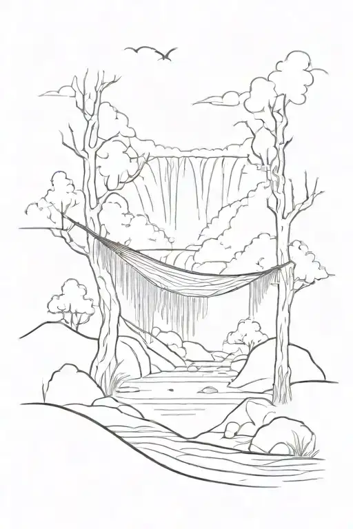 A Hammock In The Woods Beside A Raging River With A Majestic Waterfall