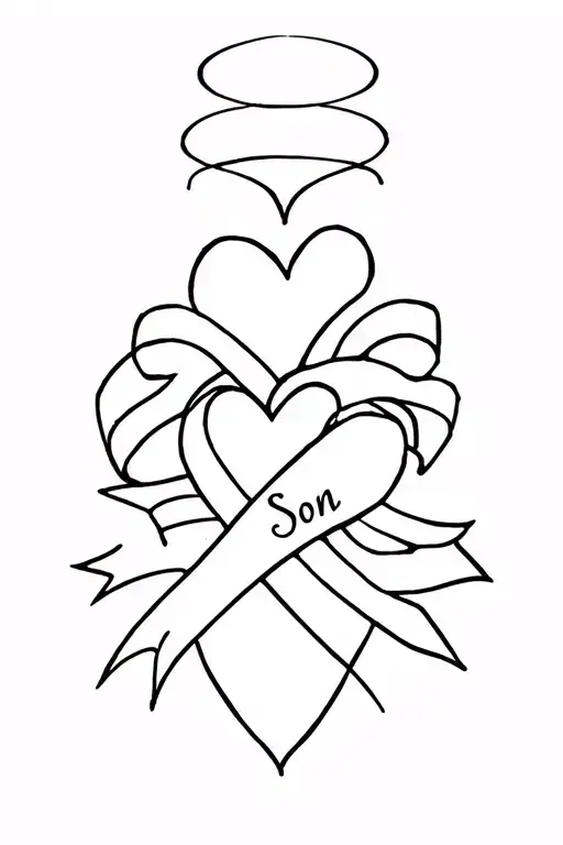 Heart Tattoo With Sash That Says Son With Halo Above The Heart