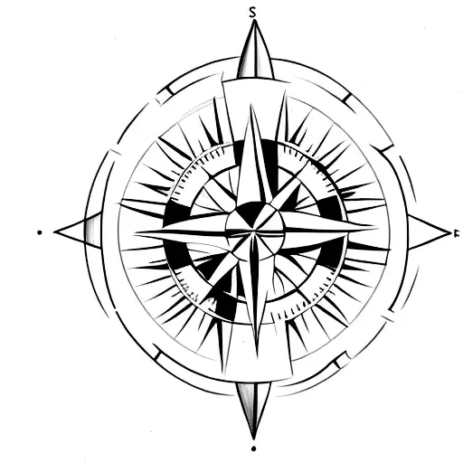 A Minimalist Tattoo Of A Compass With A Pine Tree And A Wave Incorporated Into The Design