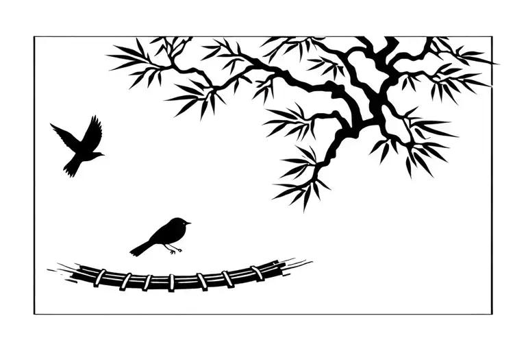 Oak Tree With Bamboo Raft Floating And Magpie Bird Tattoo