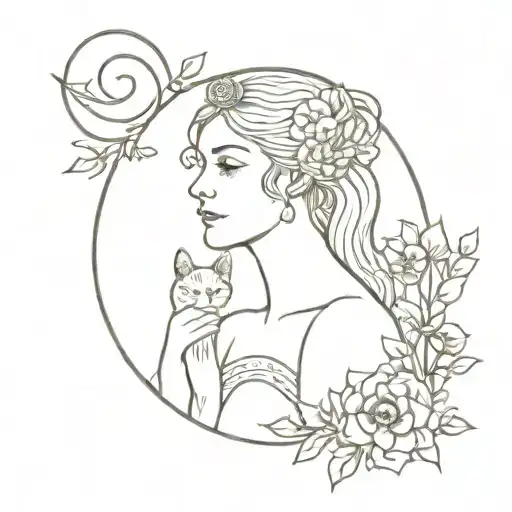 Hecate Surrounded With Flower And Rainbow With Cat