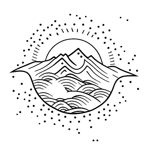 Sun With Mountain Sea And Land