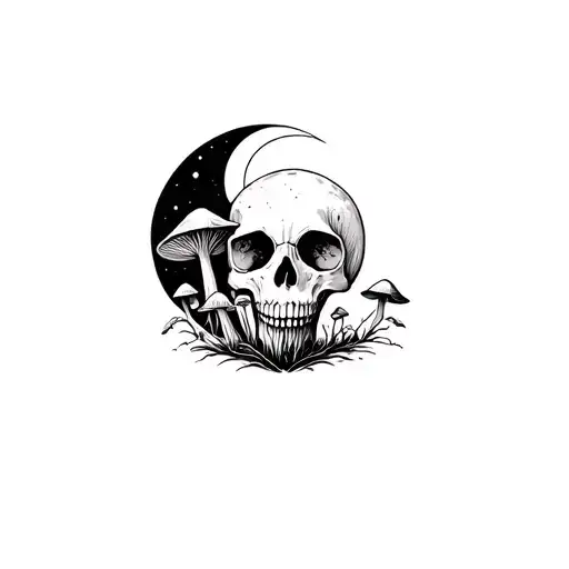 Skull With Mushrooms Growing Inside With The Moon Merging Together