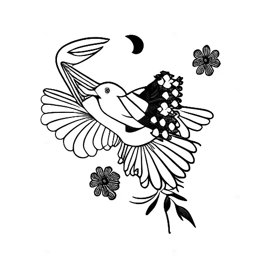 Swallow Bird With Flowers With Moon