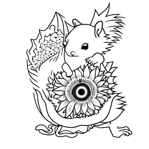 Fine Line Squirrel Holding Sunflower To Be A Best Friend