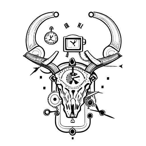 Bull Skull With Clock And Tombstone