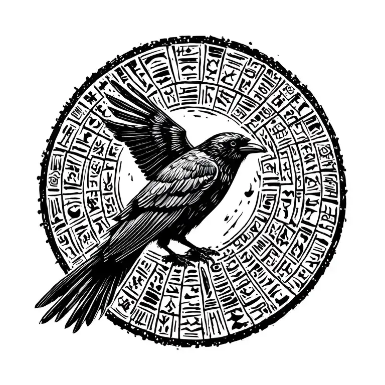 Ancient Weathered Hieroglyphic Crow Flying