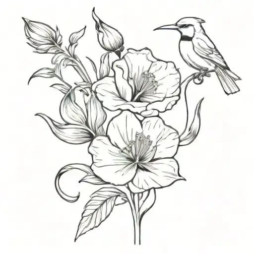 Poppy And Gladiolus With Bow Wrapped Around And Red Bird