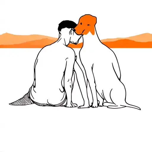 Man And Dog Sitting Side By Side Looking Into At Sunset In The Distance