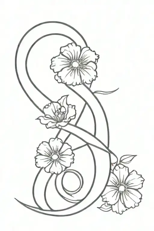 Tattoo Of Violet Flowers And Marigold Flowers In A Shape Of A Cancer Ribbon