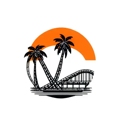 Palm Tree With Roller Coaster Behind It With Sunset